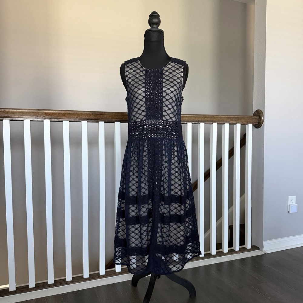 Sundance Catalog Avery Embroidered Lace Mesh Navy Dress Sz 6 Sleeveless Party